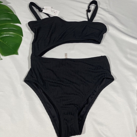 NWT Shade & Shore [ Medium ] Ribbed Cut Out One Piece Swimsuit in‎ Black - Picture 4 of 11